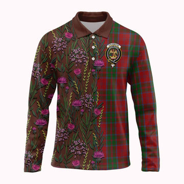 Drummond Family Crest Tartan Long Sleeve Polo Shirt Scottish Thistle Flower Pattern Half Style