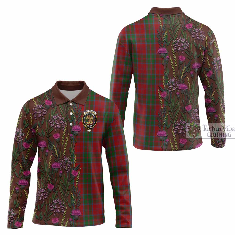 Drummond Family Crest Tartan Long Sleeve Polo Shirt Scottish Thistle Flower Pattern Half Style - Tartan Vibes Clothing
