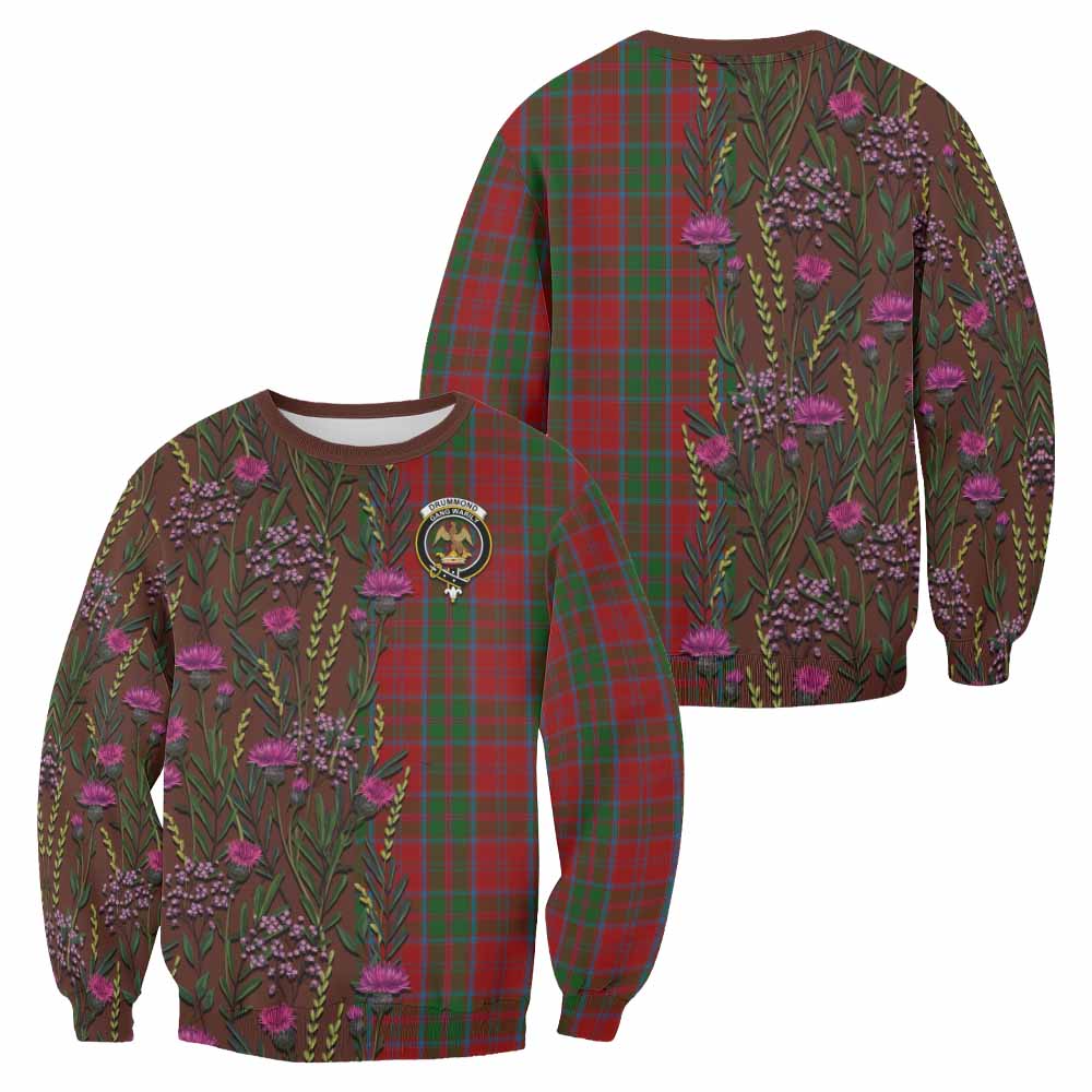 Drummond Family Crest Tartan Sweatshirt Scottish Thistle Flower Pattern Half Style - Tartan Vibes Clothing