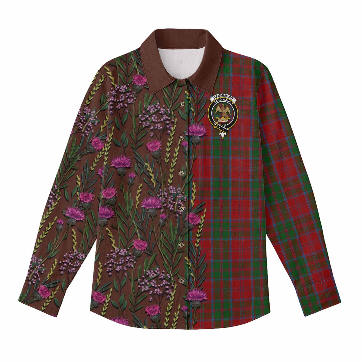 Drummond Family Crest Tartan Women Casual Shirt Scottish Thistle Flower Pattern Half Style - Tartan Vibes Clothing