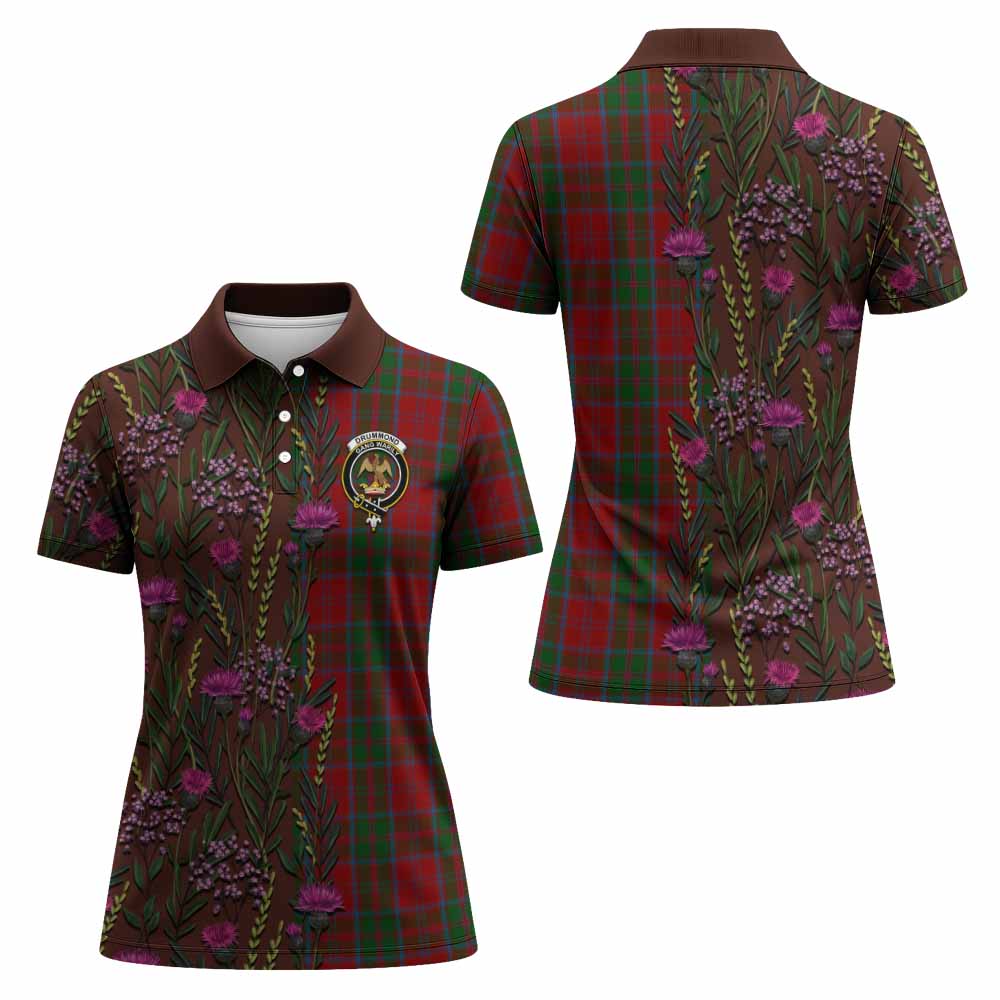 Drummond Family Crest Tartan Women Polo Shirt Scottish Thistle Flower Pattern Half Style - Tartan Vibes Clothing