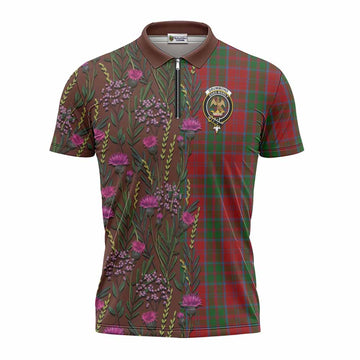 Drummond Family Crest Tartan Zipper Polo Shirt Scottish Thistle Flower Pattern Half Style