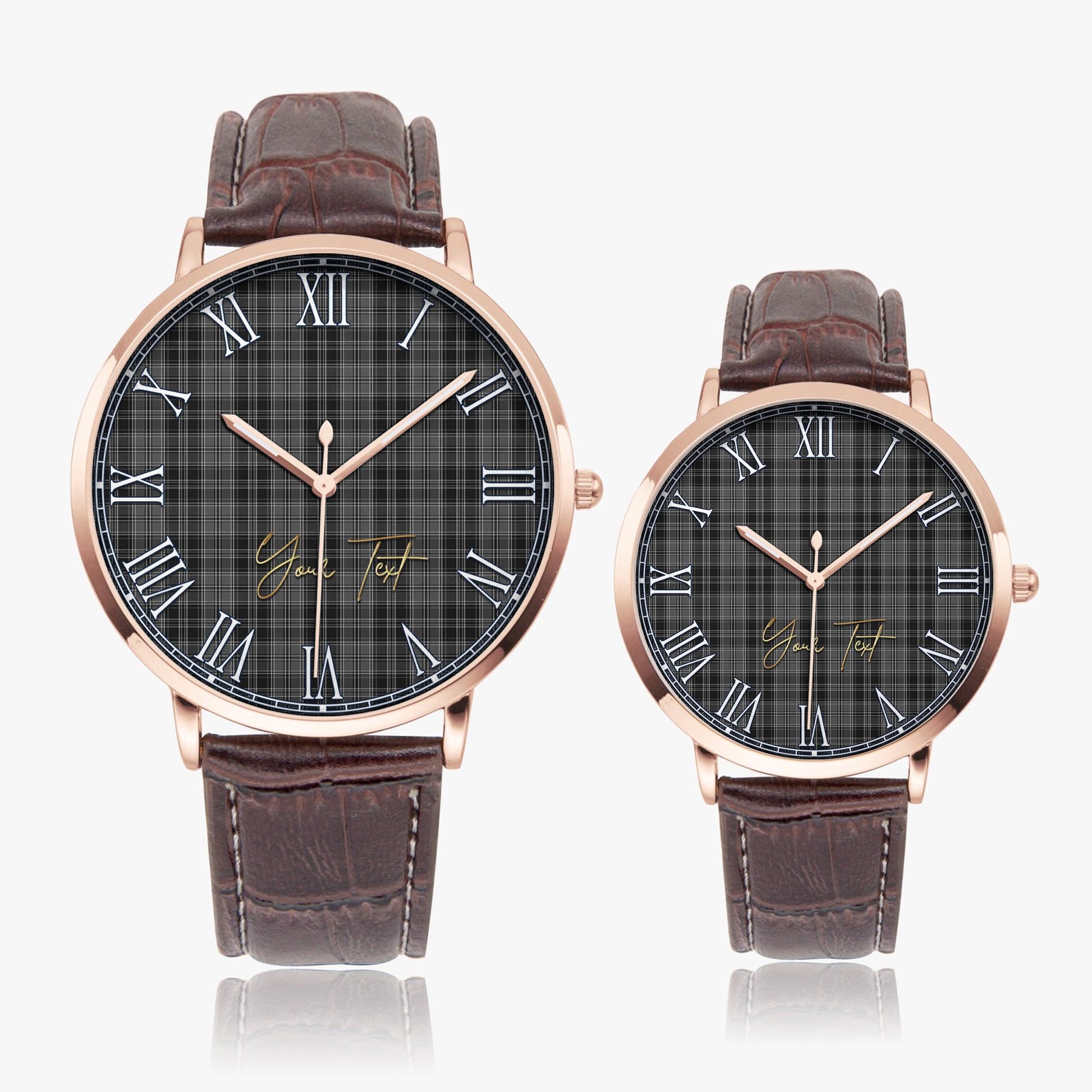 Drummond Grey Tartan Personalized Your Text Leather Trap Quartz Watch Ultra Thin Rose Gold Case With Brown Leather Strap - Tartanvibesclothing