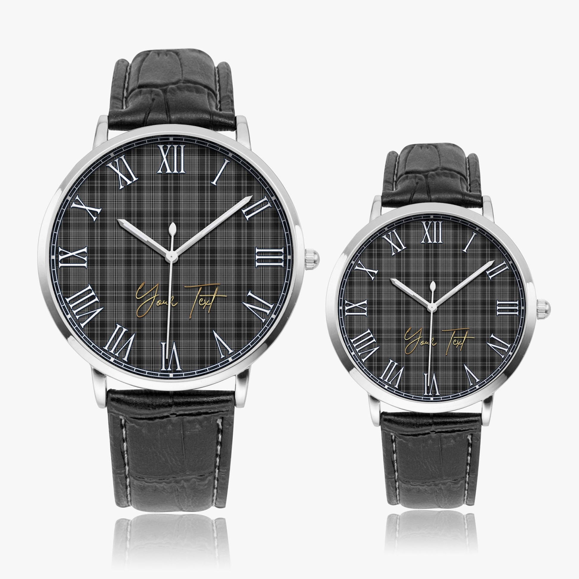 Drummond Grey Tartan Personalized Your Text Leather Trap Quartz Watch Ultra Thin Silver Case With Black Leather Strap - Tartanvibesclothing