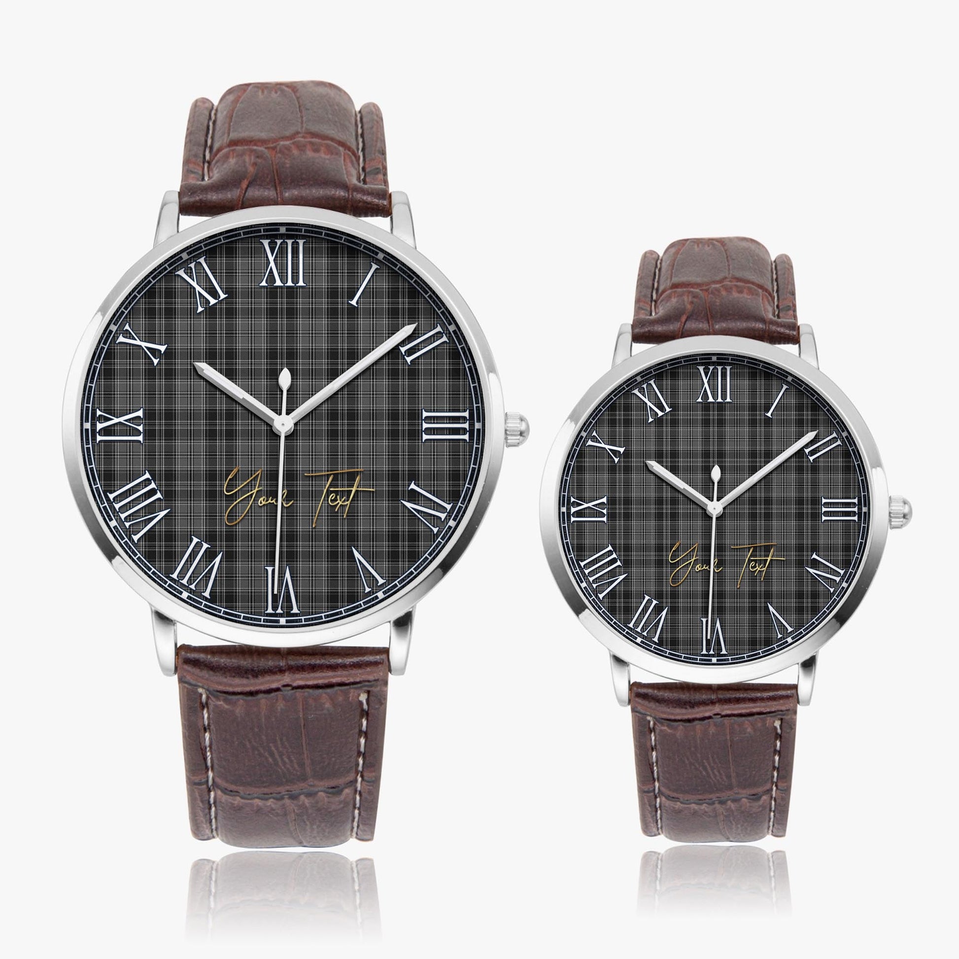 Drummond Grey Tartan Personalized Your Text Leather Trap Quartz Watch Ultra Thin Silver Case With Brown Leather Strap - Tartanvibesclothing