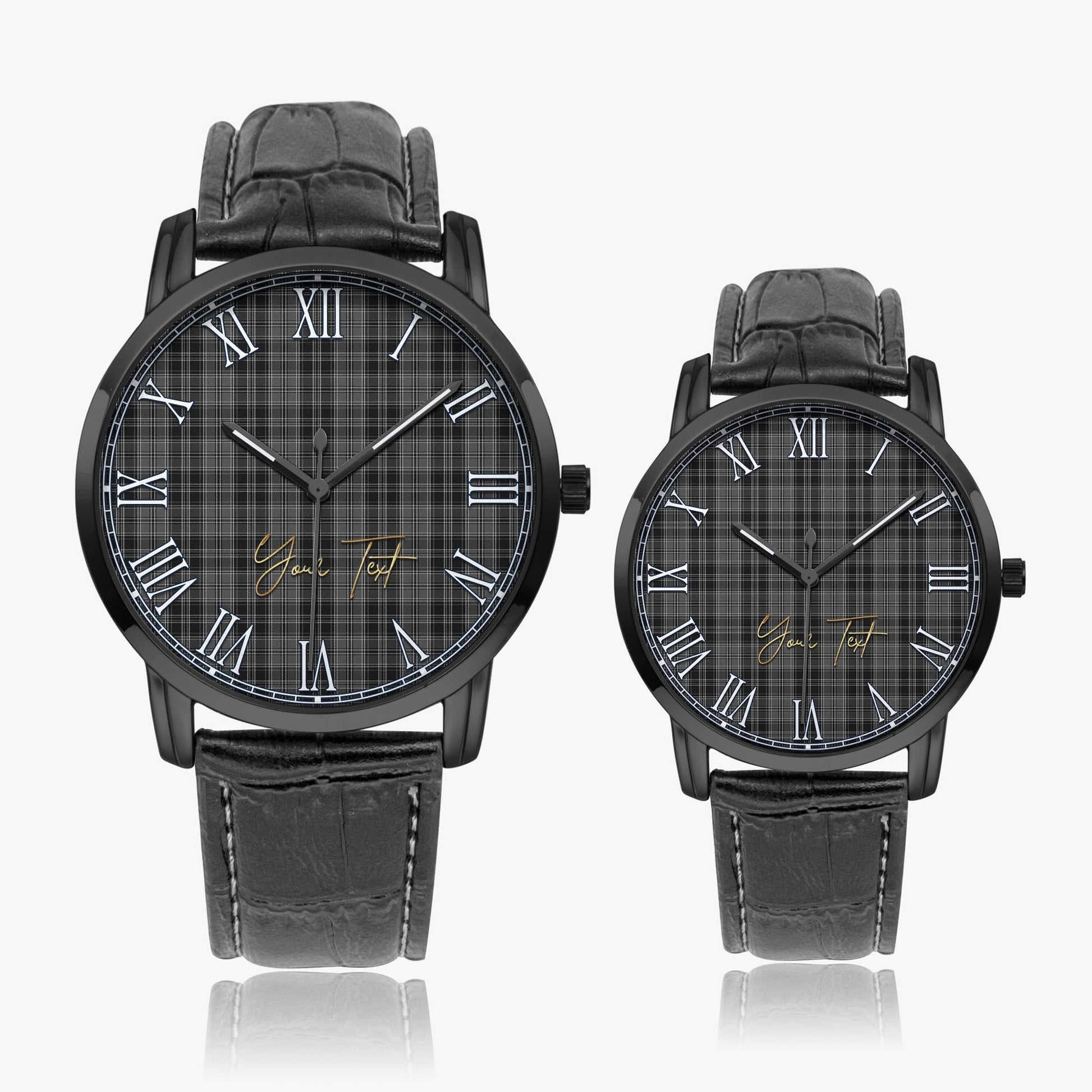 Drummond Grey Tartan Personalized Your Text Leather Trap Quartz Watch Wide Type Black Case With Black Leather Strap - Tartanvibesclothing