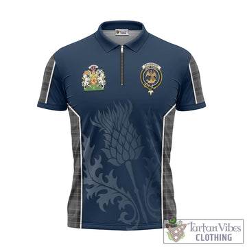 Drummond Grey Tartan Zipper Polo Shirt with Family Crest and Scottish Thistle Vibes Sport Style