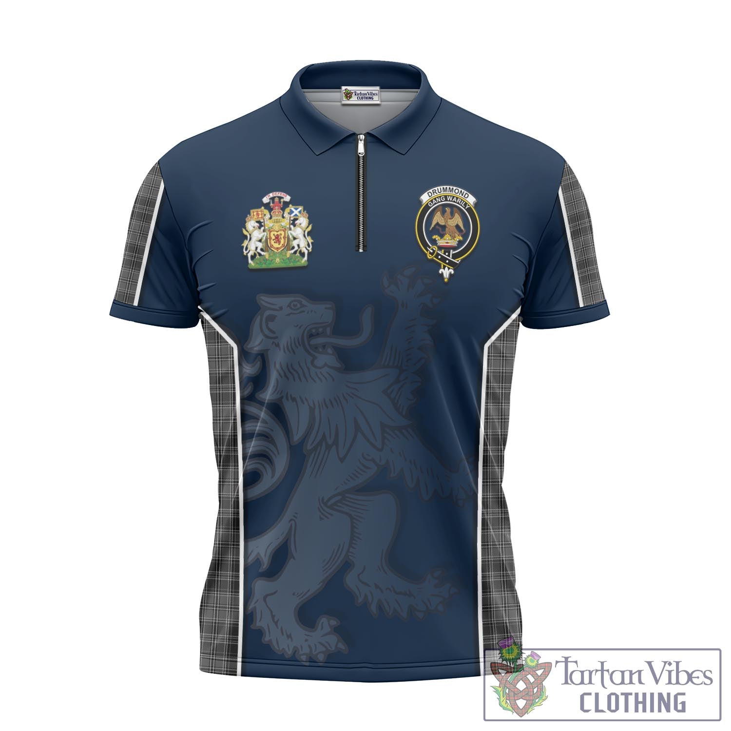Tartan Vibes Clothing Drummond Grey Tartan Zipper Polo Shirt with Family Crest and Lion Rampant Vibes Sport Style