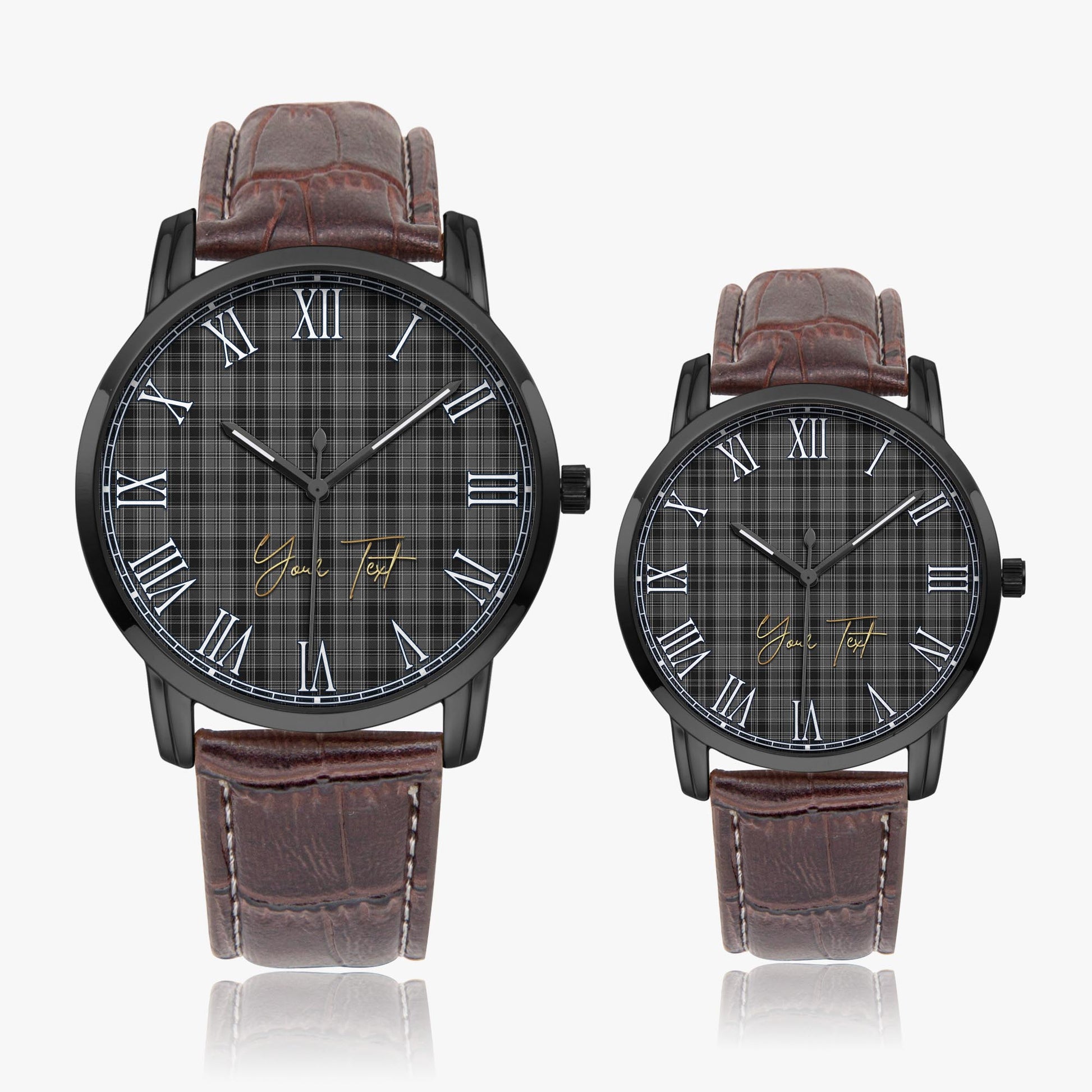 Drummond Grey Tartan Personalized Your Text Leather Trap Quartz Watch Wide Type Black Case With Brown Leather Strap - Tartanvibesclothing