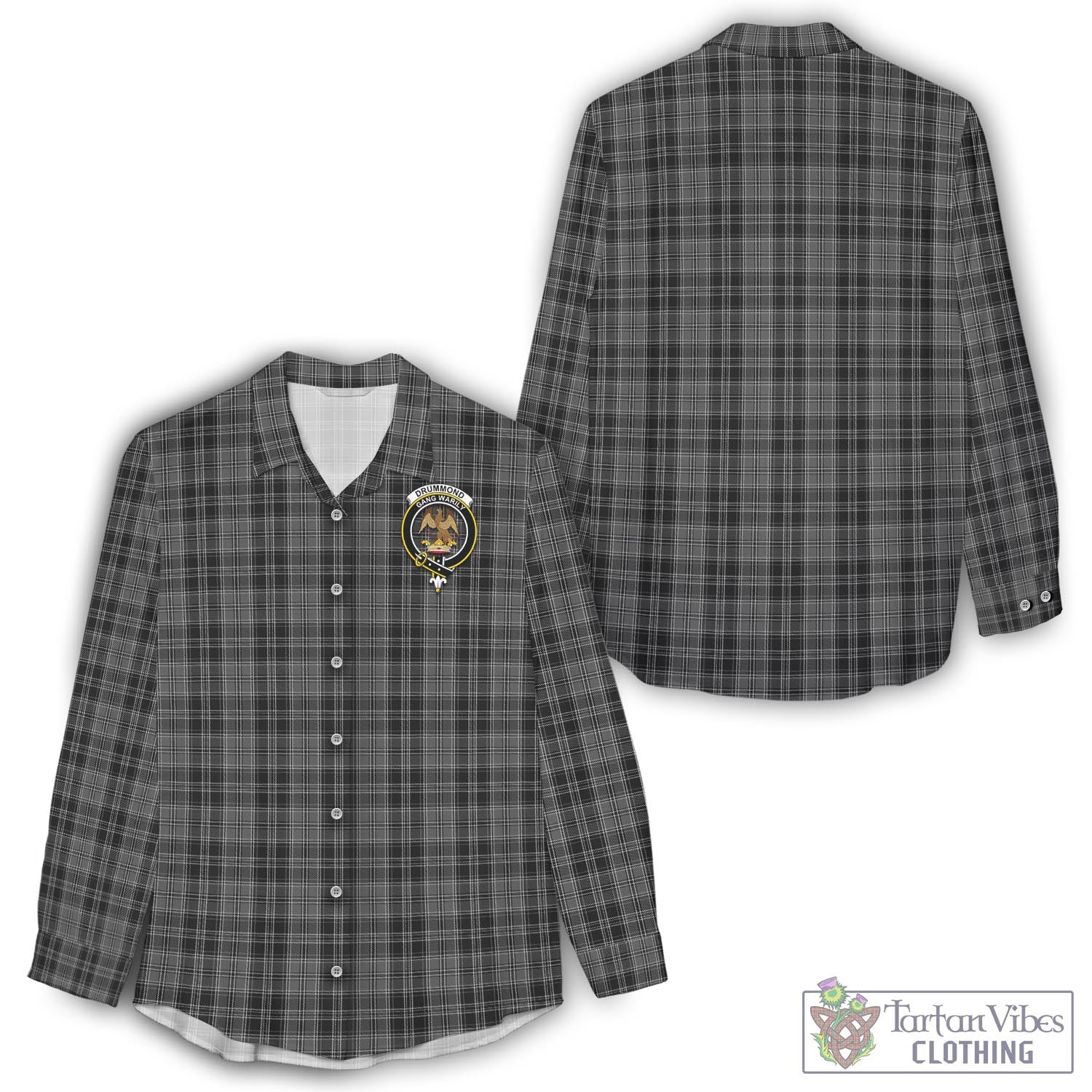 Tartan Vibes Clothing Drummond Grey Tartan Womens Casual Shirt with Family Crest