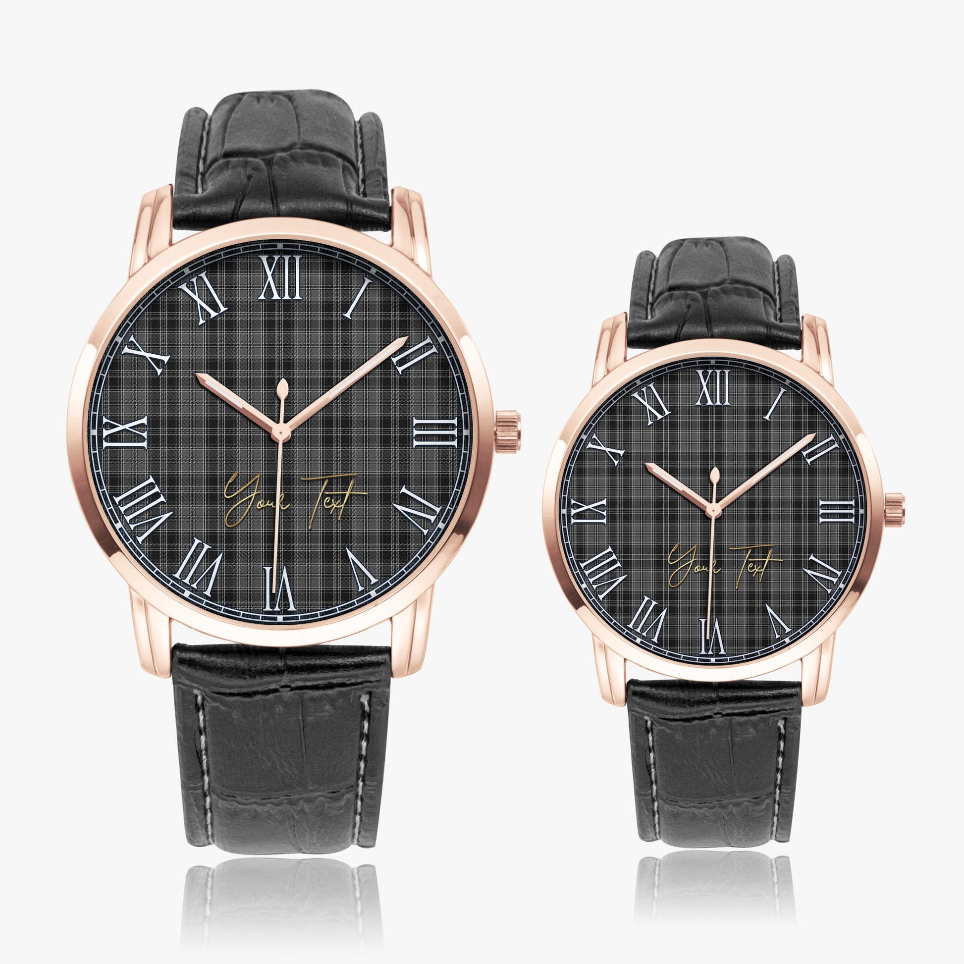 Drummond Grey Tartan Personalized Your Text Leather Trap Quartz Watch Wide Type Rose Gold Case With Black Leather Strap - Tartanvibesclothing