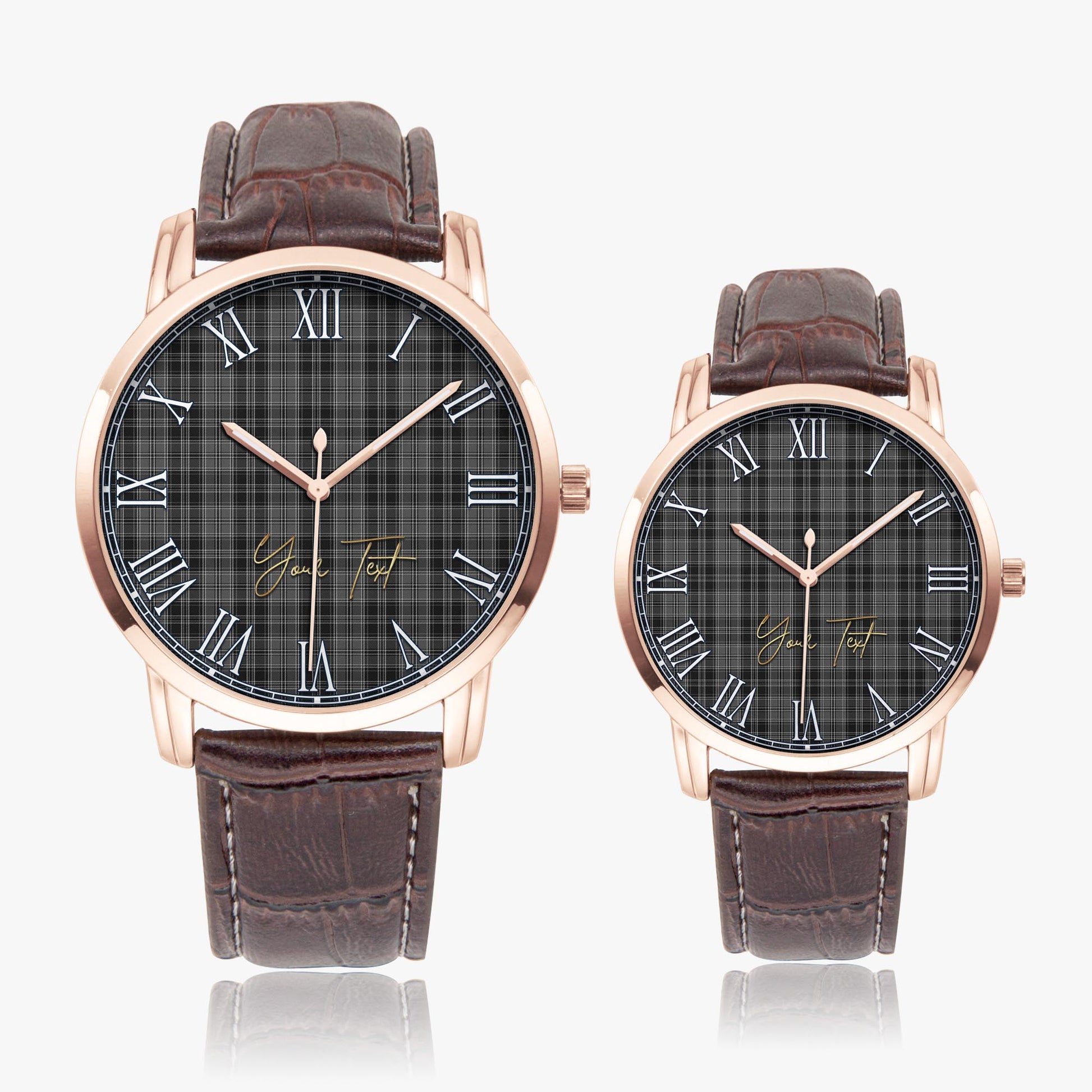Drummond Grey Tartan Personalized Your Text Leather Trap Quartz Watch Wide Type Rose Gold Case With Brown Leather Strap - Tartanvibesclothing