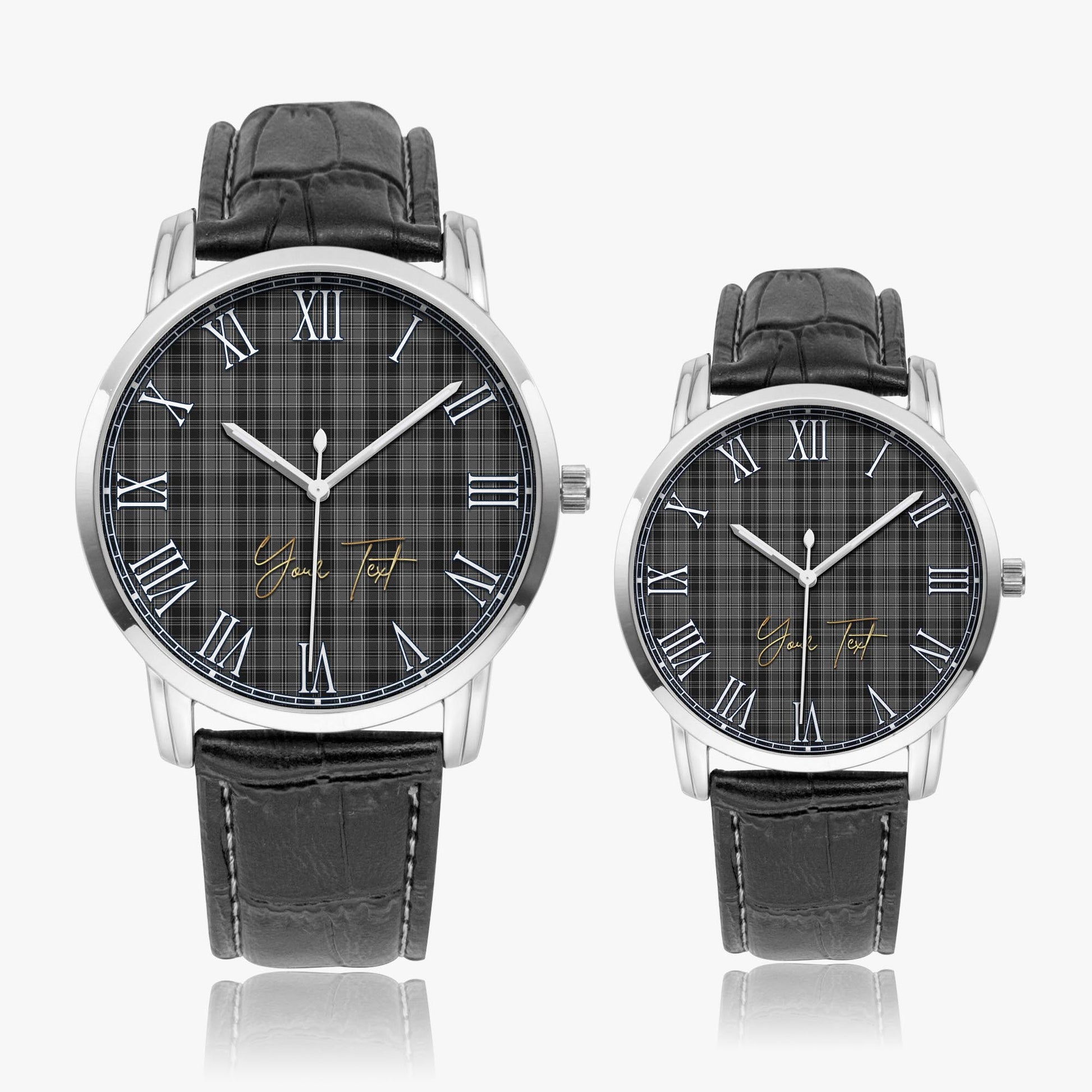 Drummond Grey Tartan Personalized Your Text Leather Trap Quartz Watch Wide Type Silver Case With Black Leather Strap - Tartanvibesclothing