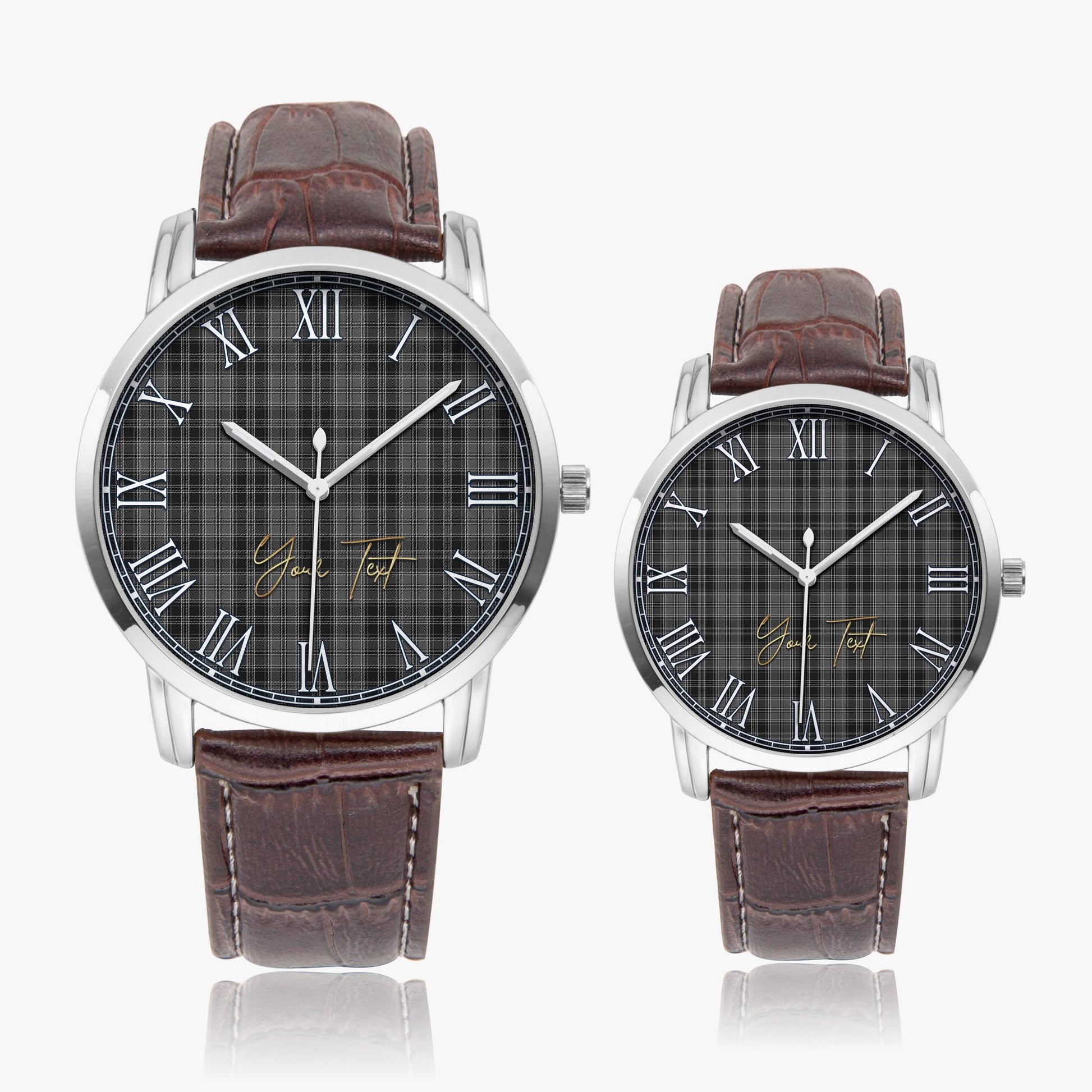 Drummond Grey Tartan Personalized Your Text Leather Trap Quartz Watch Wide Type Silver Case With Brown Leather Strap - Tartanvibesclothing