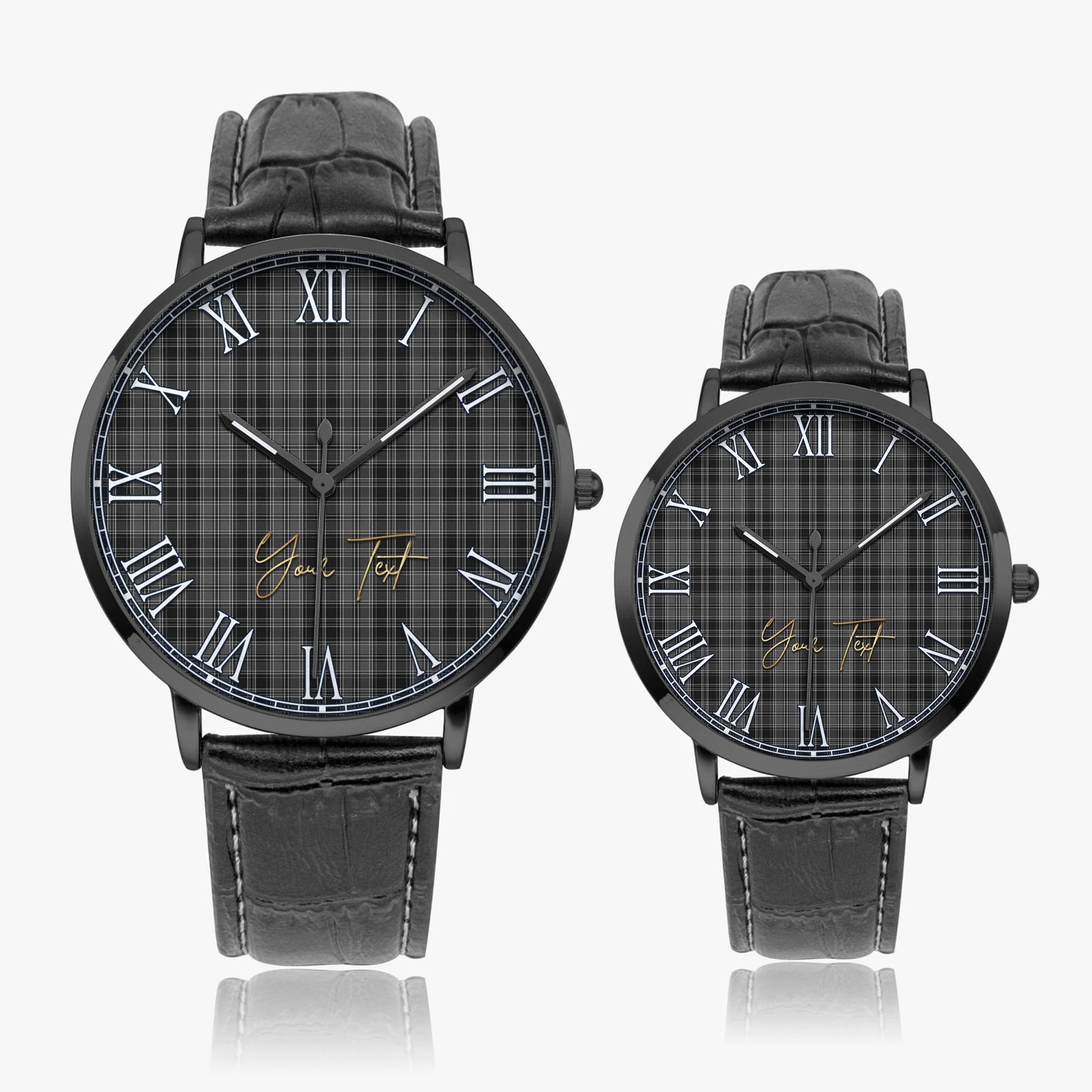 Drummond Grey Tartan Personalized Your Text Leather Trap Quartz Watch Ultra Thin Black Case With Black Leather Strap - Tartanvibesclothing