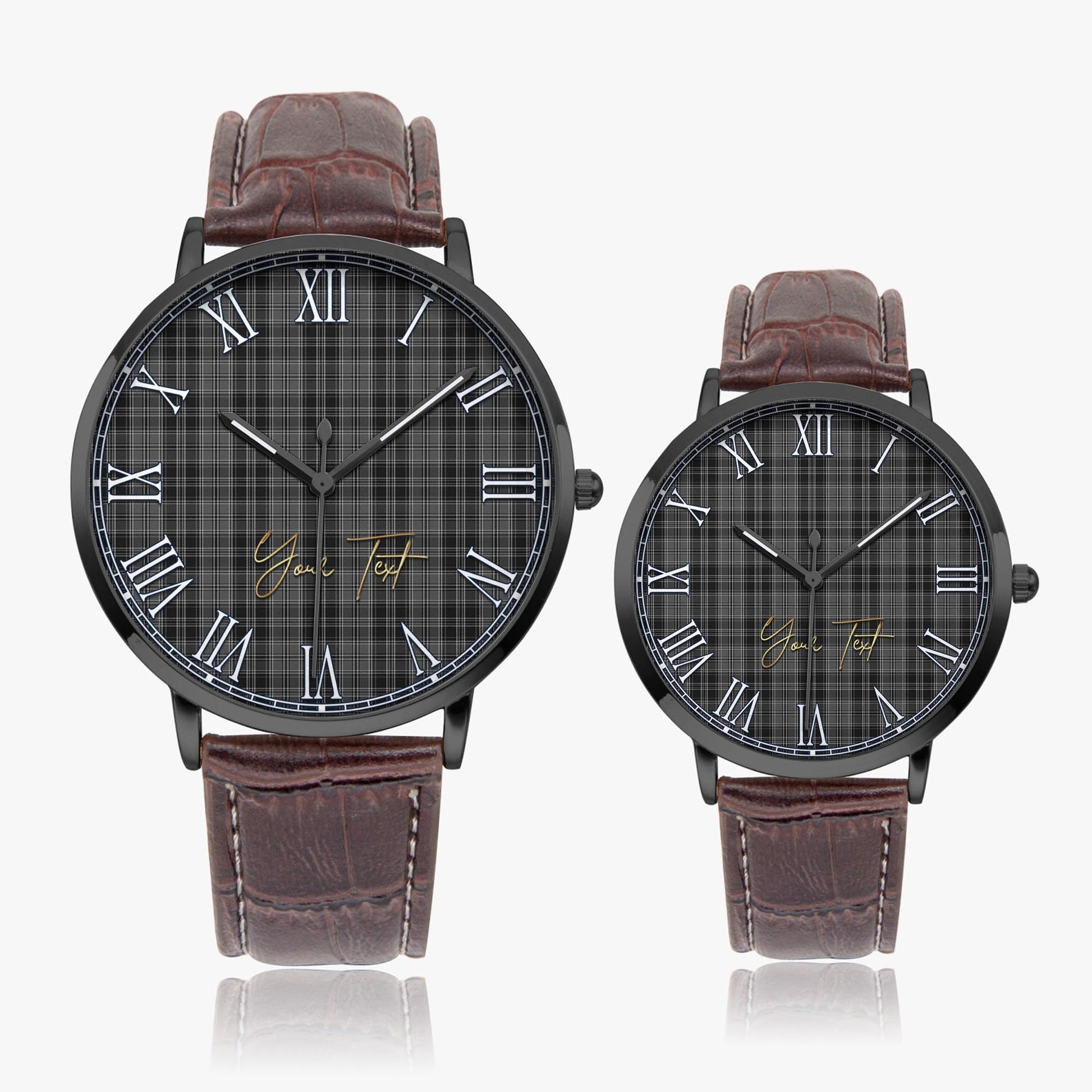 Drummond Grey Tartan Personalized Your Text Leather Trap Quartz Watch Ultra Thin Black Case With Brown Leather Strap - Tartanvibesclothing