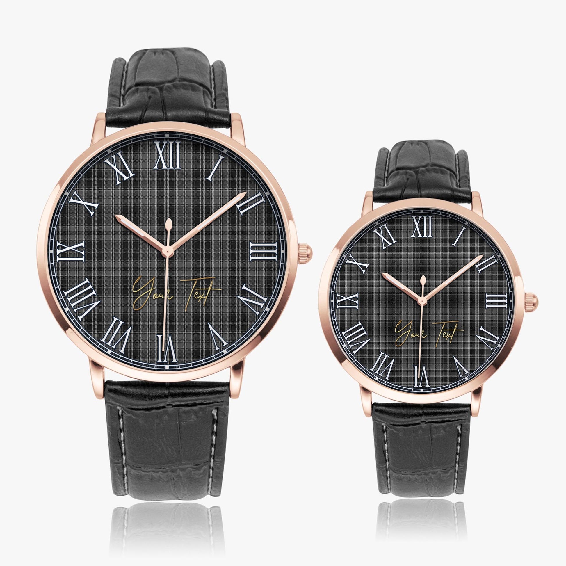 Drummond Grey Tartan Personalized Your Text Leather Trap Quartz Watch Ultra Thin Rose Gold Case With Black Leather Strap - Tartanvibesclothing