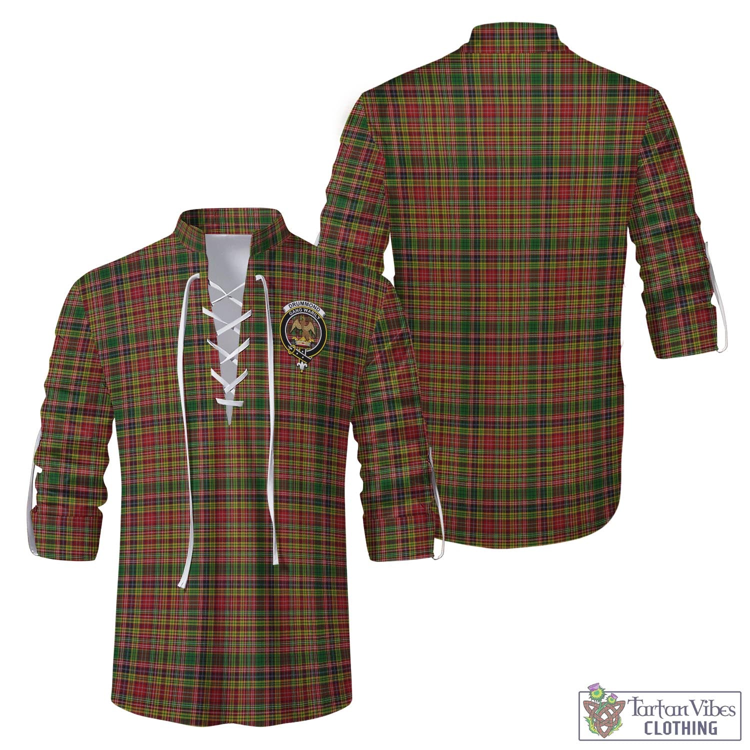 Tartan Vibes Clothing Drummond of Strathallan Tartan Men's Scottish Traditional Jacobite Ghillie Kilt Shirt with Family Crest