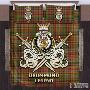 Drummond of Strathallan Tartan Bedding Set with Clan Crest and the Golden Sword of Courageous Legacy