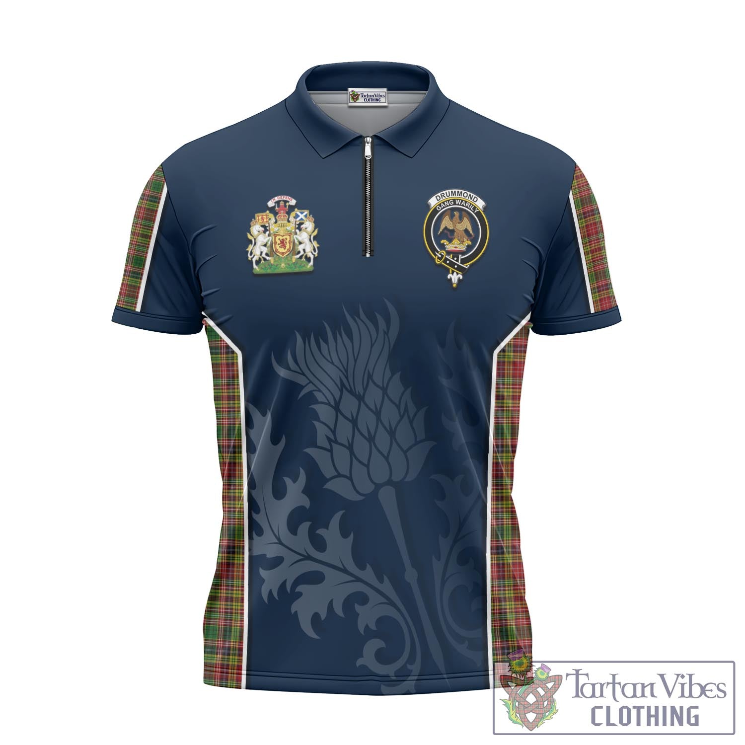 Tartan Vibes Clothing Drummond of Strathallan Tartan Zipper Polo Shirt with Family Crest and Scottish Thistle Vibes Sport Style