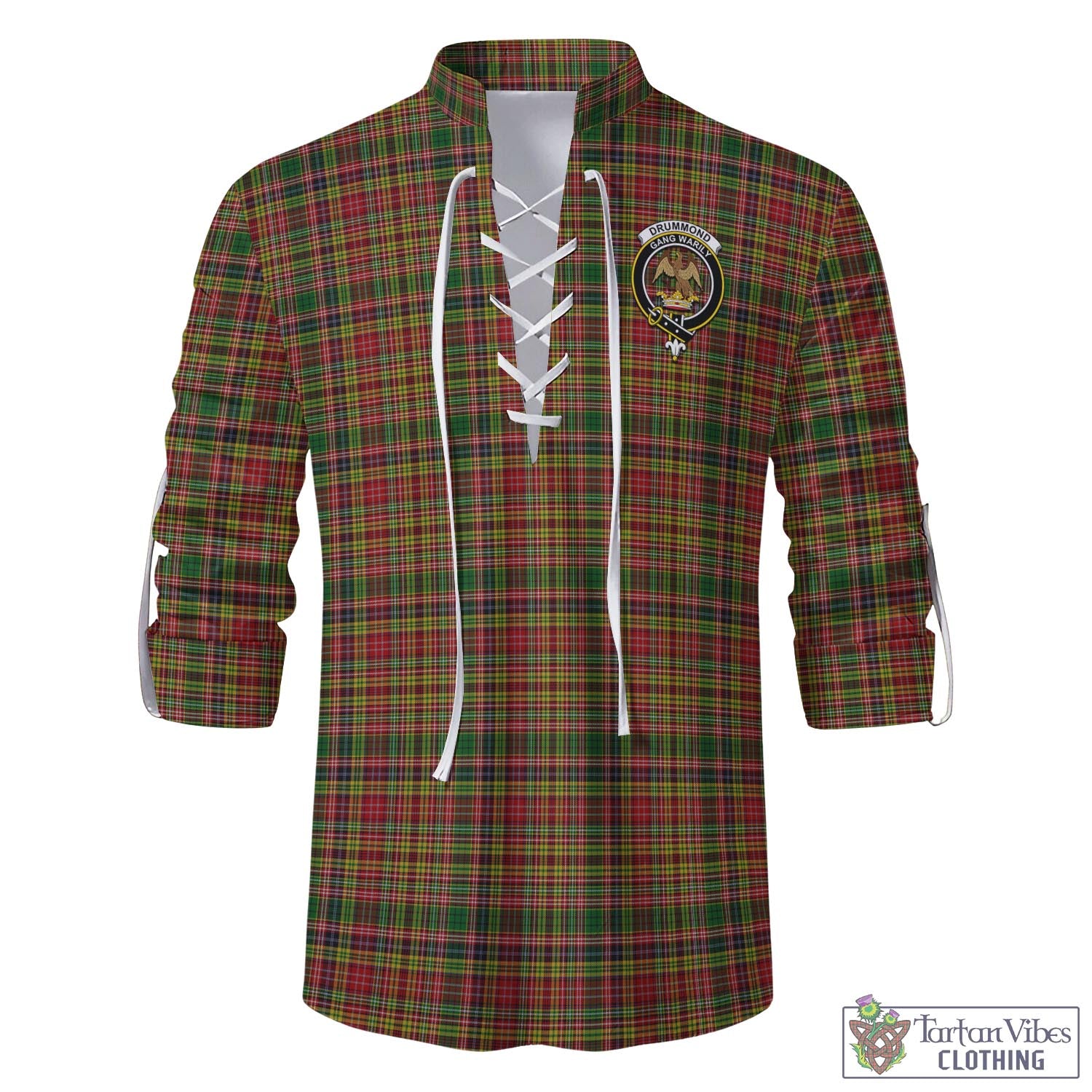 Tartan Vibes Clothing Drummond of Strathallan Tartan Men's Scottish Traditional Jacobite Ghillie Kilt Shirt with Family Crest