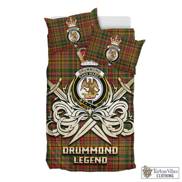 Drummond of Strathallan Tartan Bedding Set with Clan Crest and the Golden Sword of Courageous Legacy