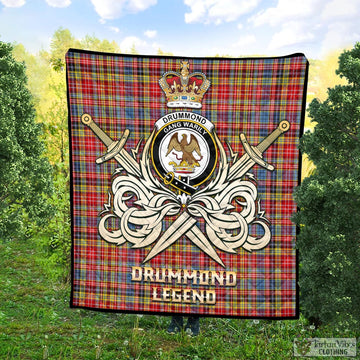 Drummond of Strathallan Modern Tartan Quilt with Clan Crest and the Golden Sword of Courageous Legacy