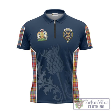 Drummond of Strathallan Modern Tartan Zipper Polo Shirt with Family Crest and Scottish Thistle Vibes Sport Style