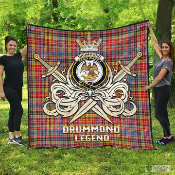 Drummond of Strathallan Modern Tartan Quilt with Clan Crest and the Golden Sword of Courageous Legacy