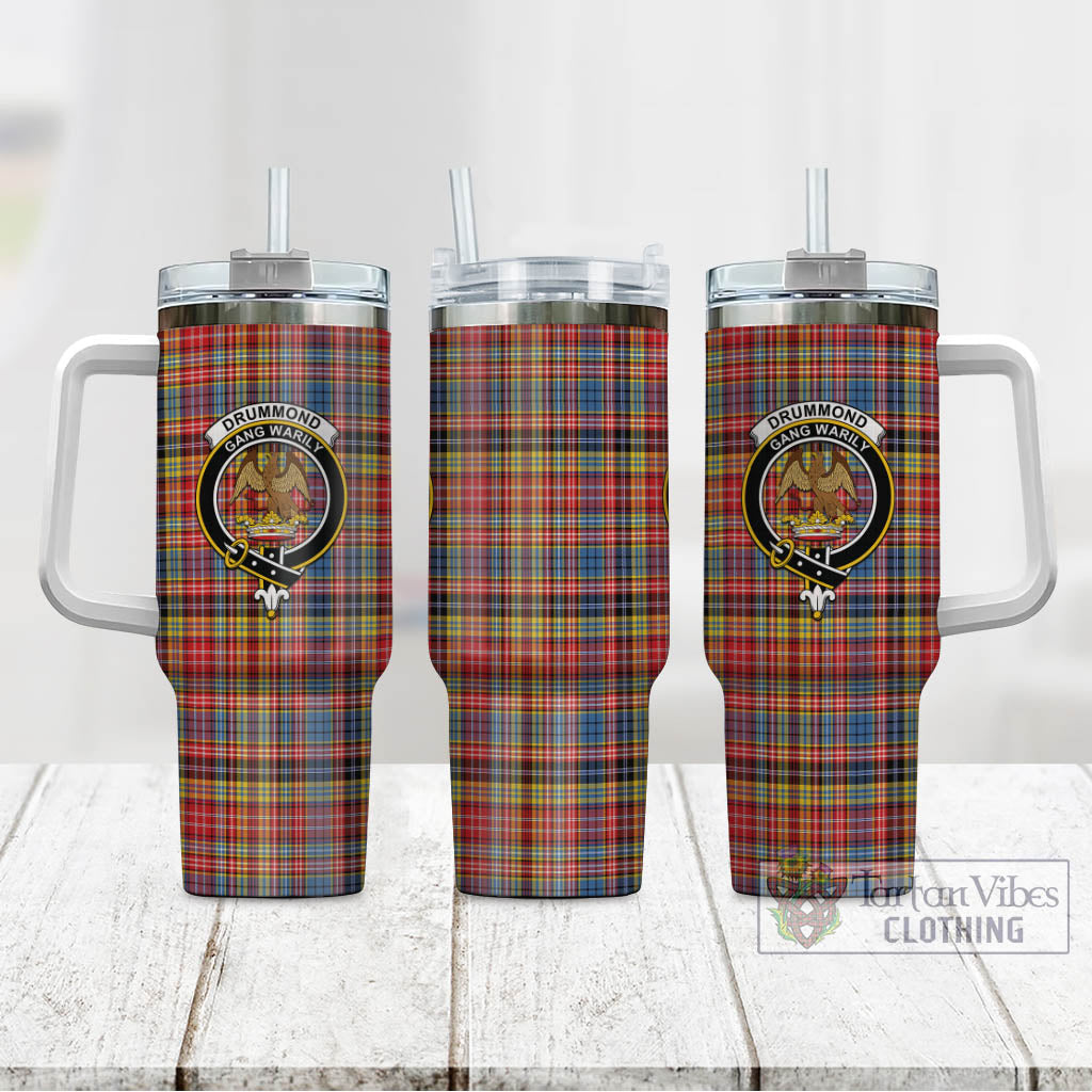 Tartan Vibes Clothing Drummond of Strathallan Modern Tartan and Family Crest Tumbler with Handle