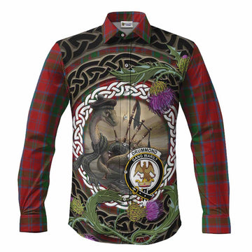 Drummond Tartan Crest Bagpipe Nessie Long Sleeve Button Shirts Scottish Loch Ness Monster Celtic Thistle