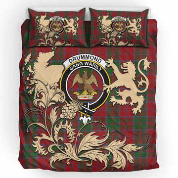 Drummond Tartan Crest Bedding Set with Scottish Iconic Symbols 
