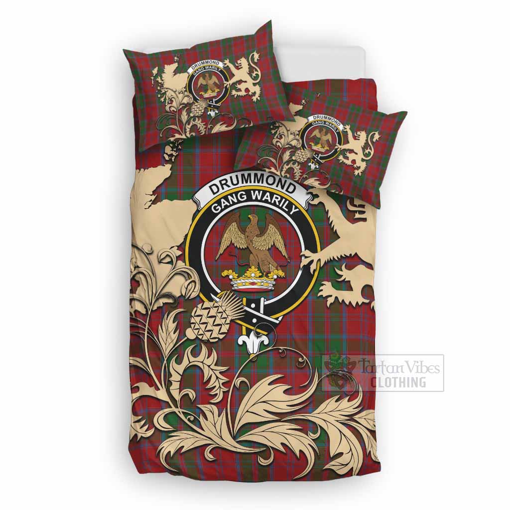 Drummond Tartan Crest Bedding Set with Scottish Iconic Symbols 