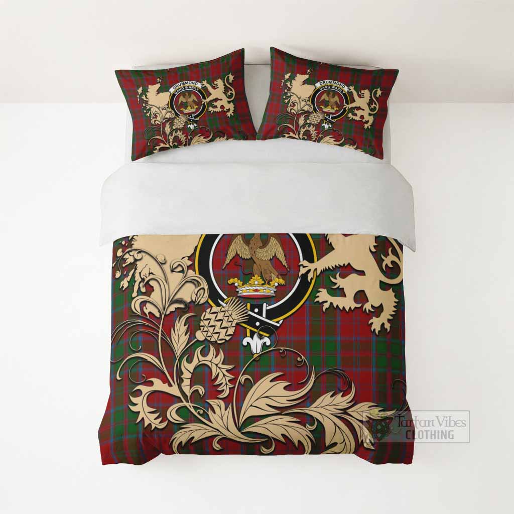 Drummond Tartan Crest Bedding Set with Scottish Iconic Symbols 