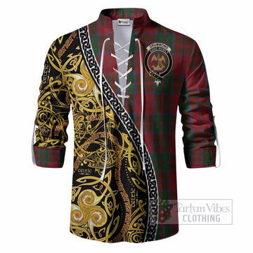 Drummond Tartan Crest Ghillie Shirt Celtic Knot and Triple Trickle Spiral Symbols