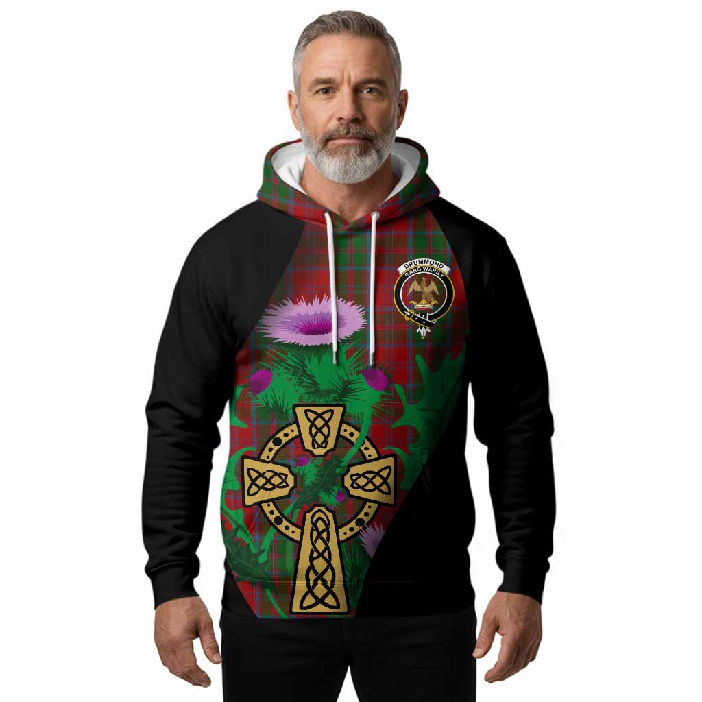 Drummond Tartan Crest Hoodie Celtic Cross Thistle Flowers