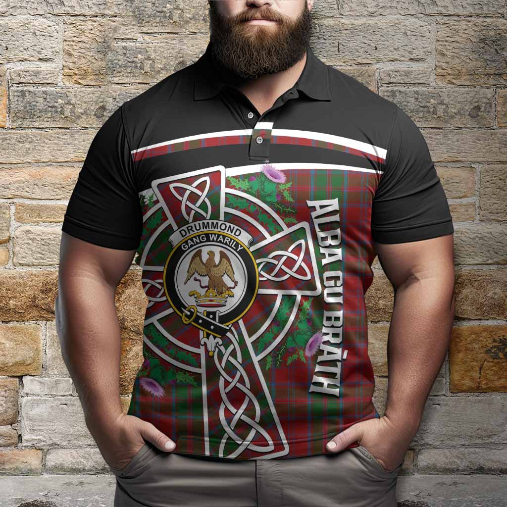 Drummond Tartan Crest Polo Shirt Scottish Thistle Celtic Cross Alba Gu Brath