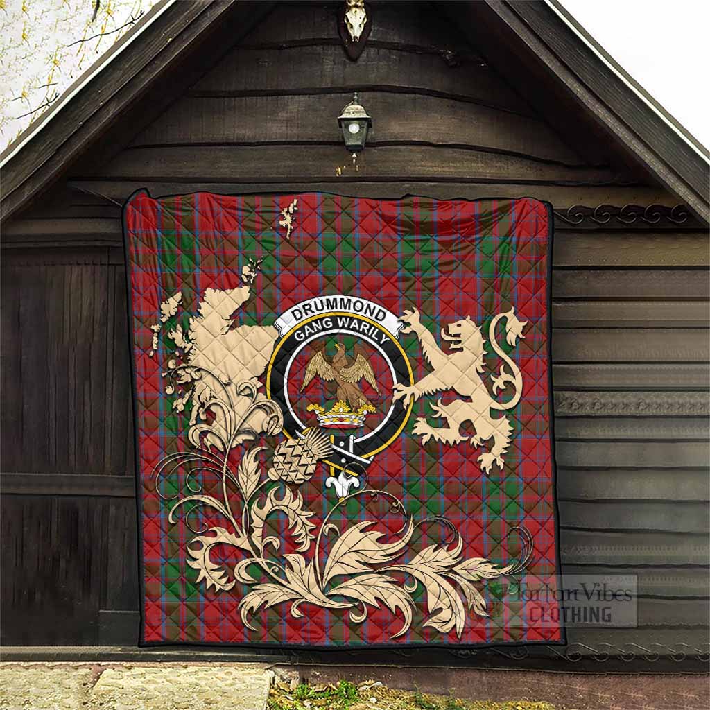 Drummond Tartan Crest Premium Quilt with Scottish Iconic Symbols 