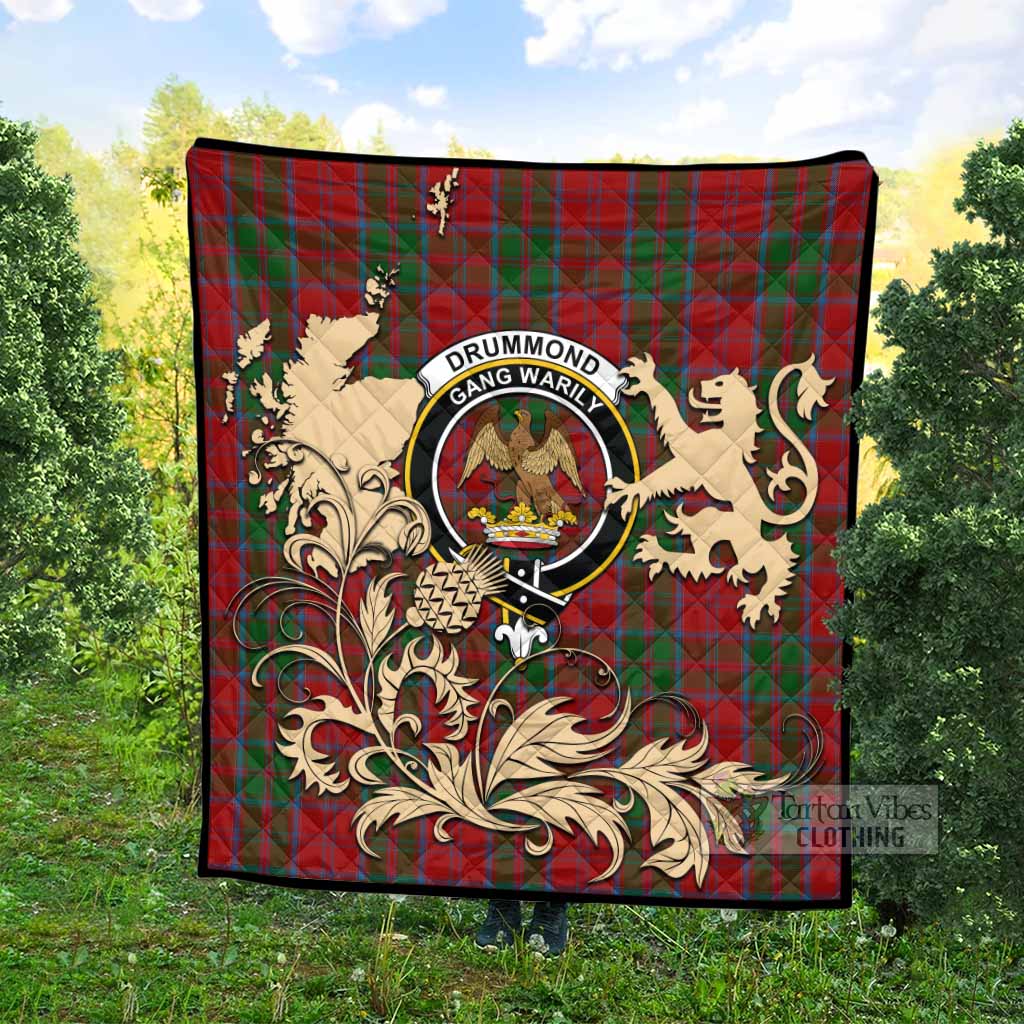 Drummond Tartan Crest Premium Quilt with Scottish Iconic Symbols 