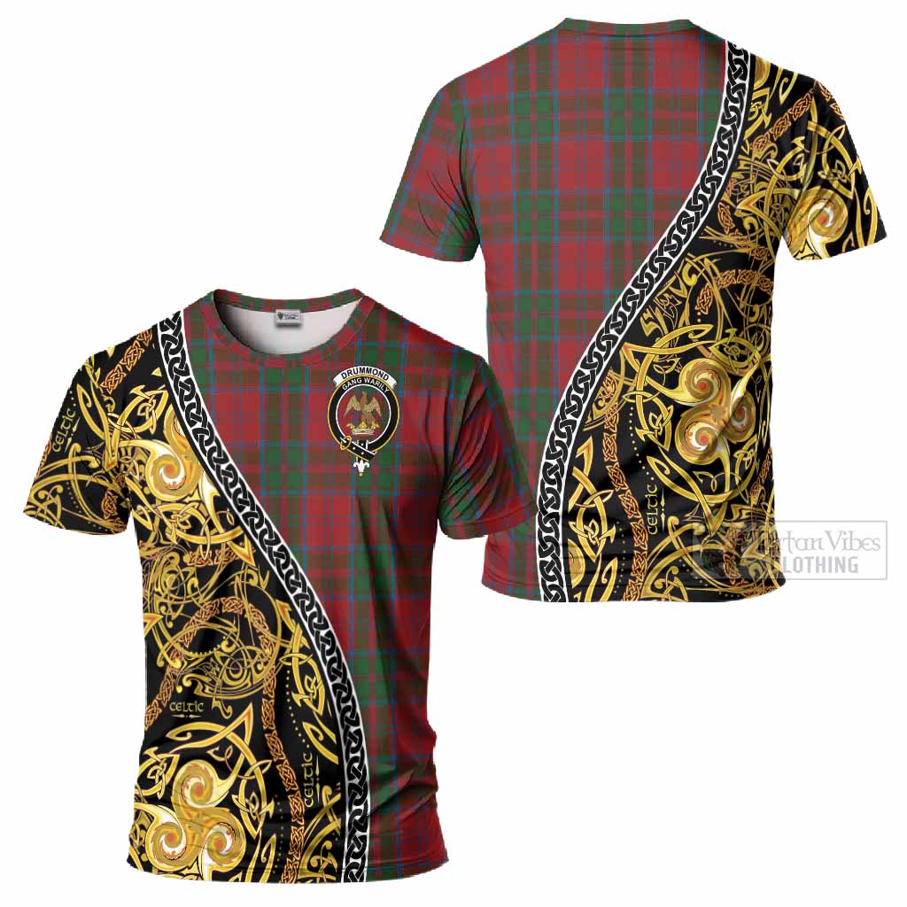 Drummond Tartan Crest T-Shirt Celtic Knot and Triple Trickle Spiral Symbols