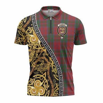 Drummond Tartan Crest Zipper Polo Shirt Celtic Knot and Triple Trickle Spiral Symbols