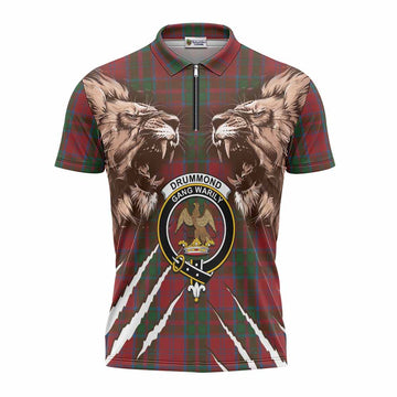 Drummond Tartan Crest Zipper Polo Shirt Ferocious Lion Style