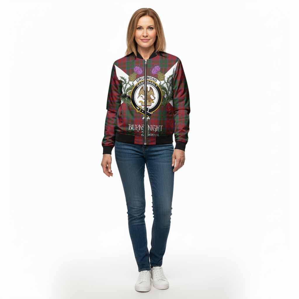 Drummond Tartan Family Crest Bomber Jacket Scottish Burns Night Thistle Floral