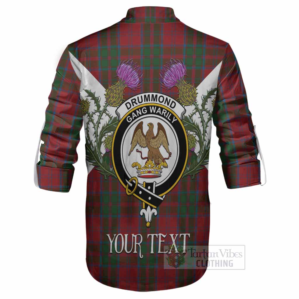 Drummond Tartan Family Crest Ghillie Shirt Scottish Burns Night Thistle Floral
