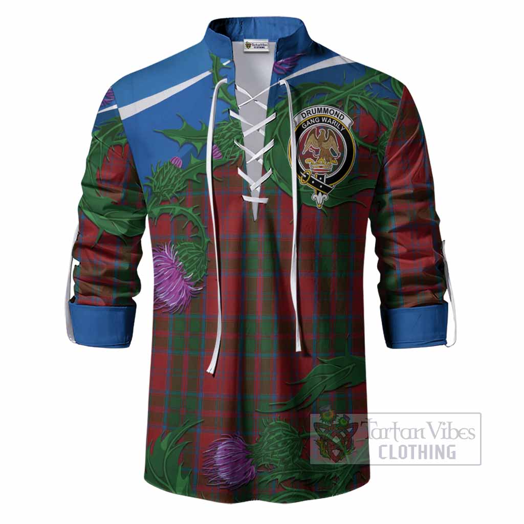 Drummond Tartan Family Crest Ghillie Shirt Thistle in Minimalism