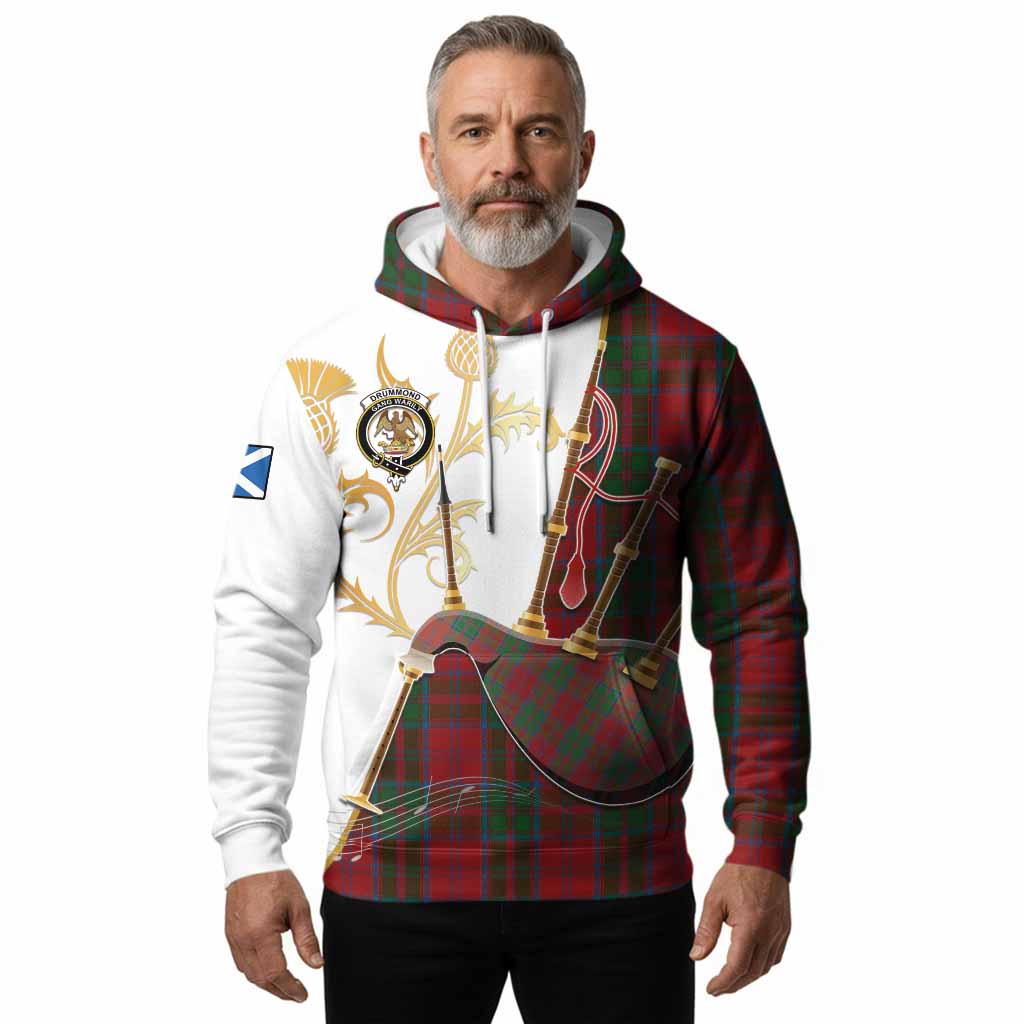 Drummond Tartan Family Crest Hoodie Bagpipes with Scottish Thistle
