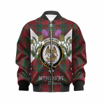 Drummond Tartan Family Crest Kid Bomber Jacket Scottish Burns Night Thistle Floral