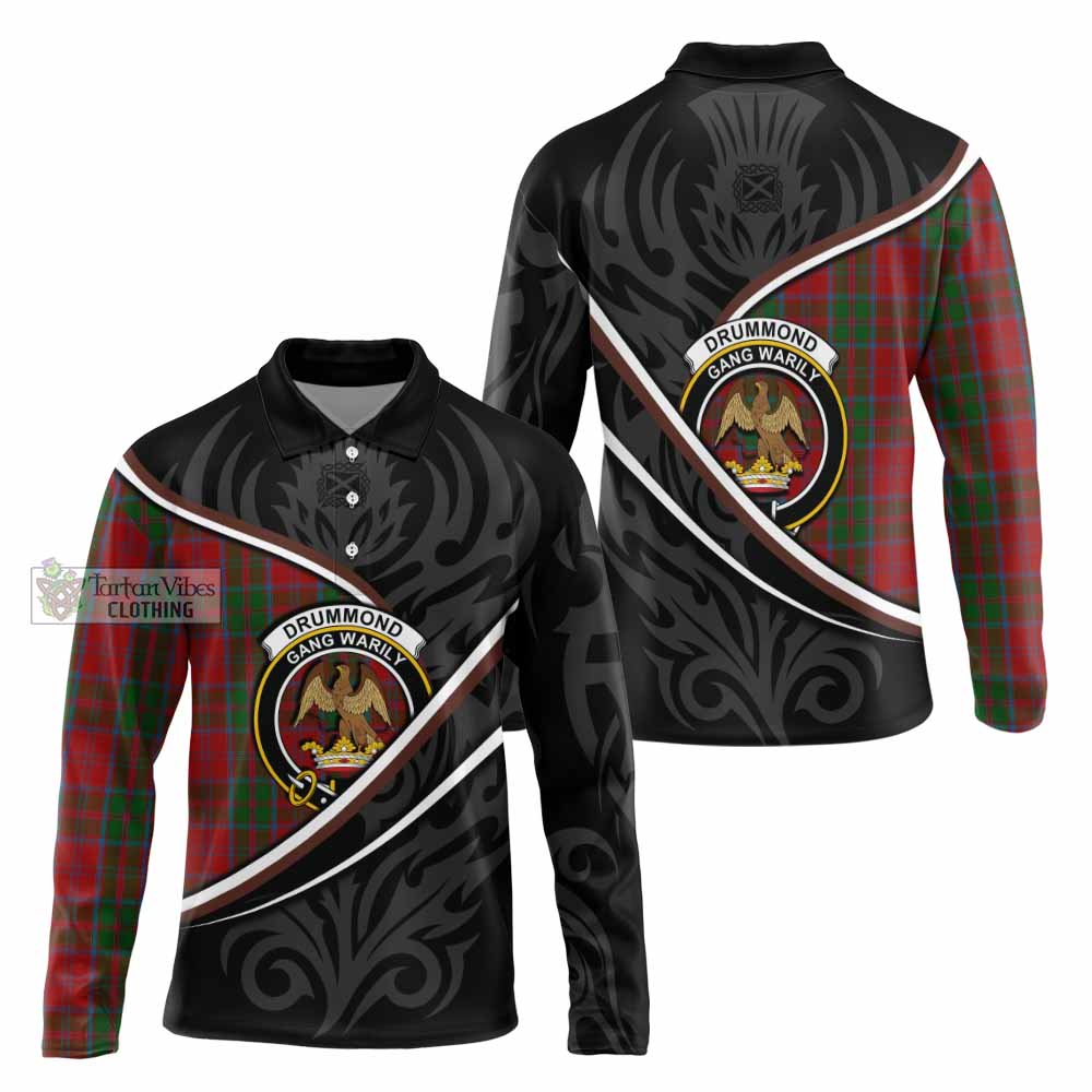 Drummond Tartan Family Crest Long Sleeve Polo Shirt Celtic Scottish Thistle Floral - Tartan Vibes Clothing