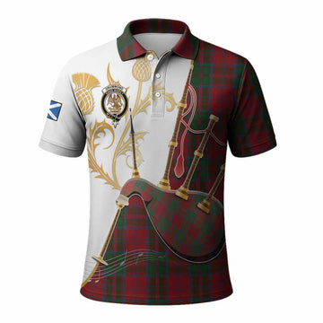 Drummond Tartan Family Crest Polo Shirt Bagpipes with Scottish Thistle