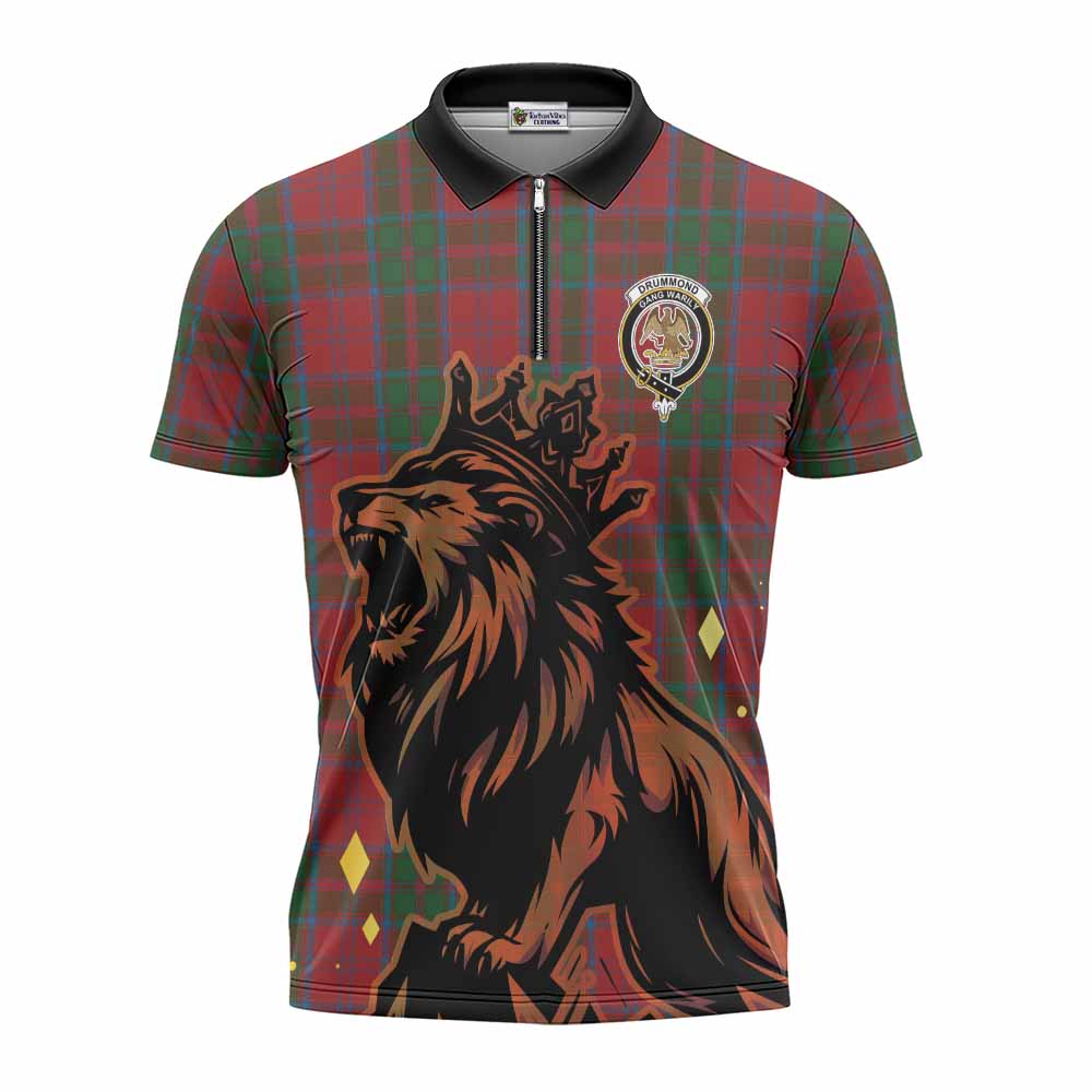 Drummond Tartan Family Crest Zipper Polo Shirt Crowned Lion Roaring